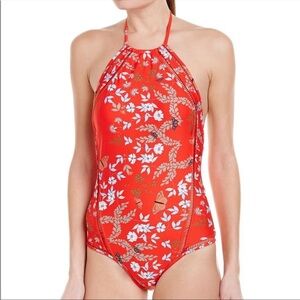 Ted Baker Red Kyoto Floral Butterfly Print One-piece Halter Open Back Swimsuit